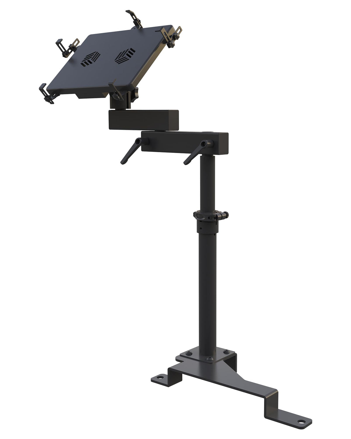SPIRRELAB in-cab workspace supports laptops up to 17 inches securely.