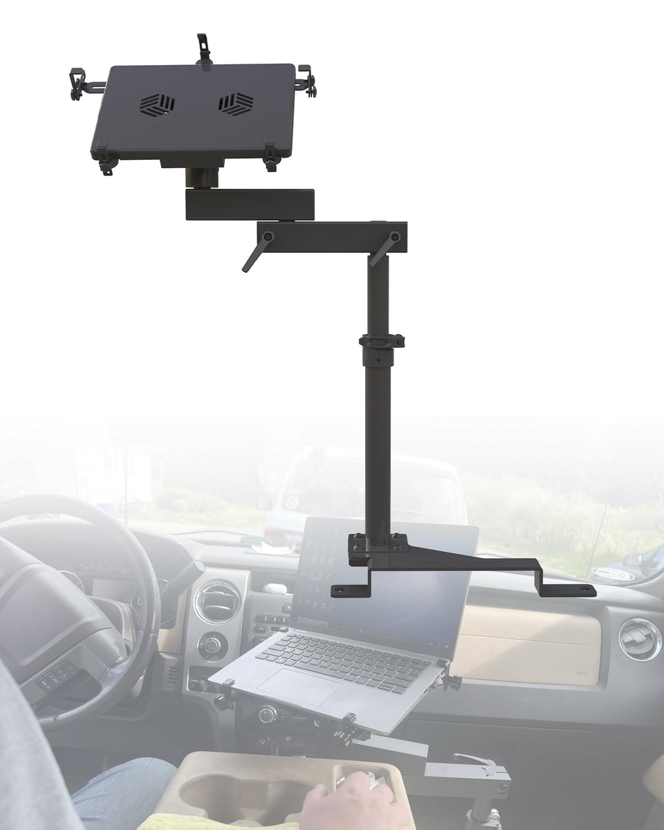SPIRRELAB truck laptop mount for F-150 setup provides secure, road-ready workspace.