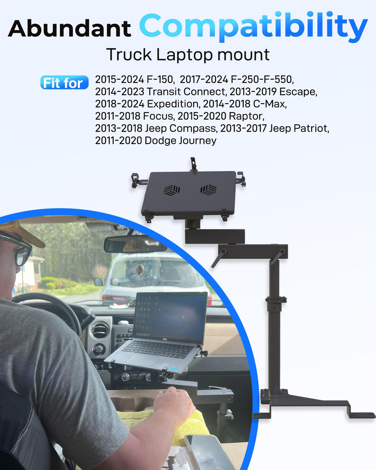 SPIRRELAB laptop mount secured with 5 clamps for stable performance on rough roads.