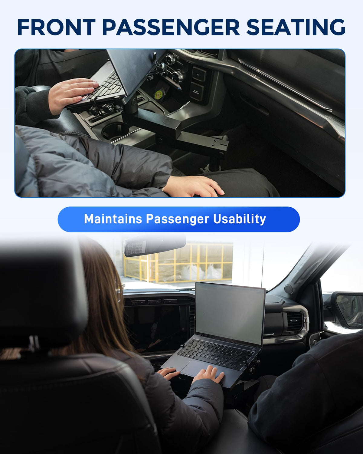 SPIRRELAB strap-secured laptop tray on truck mount keeps devices steady.