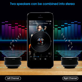 Splenssy compact speaker on wooden desk delivering punchy bass and treble.