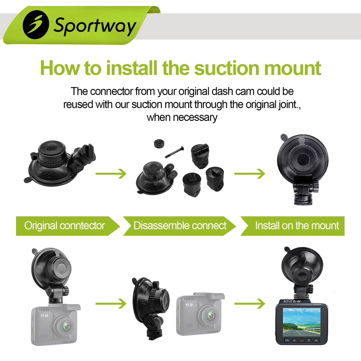 Sportway S503 dash cam mount compatible with Rove, Nexar, Z-Edge and more.