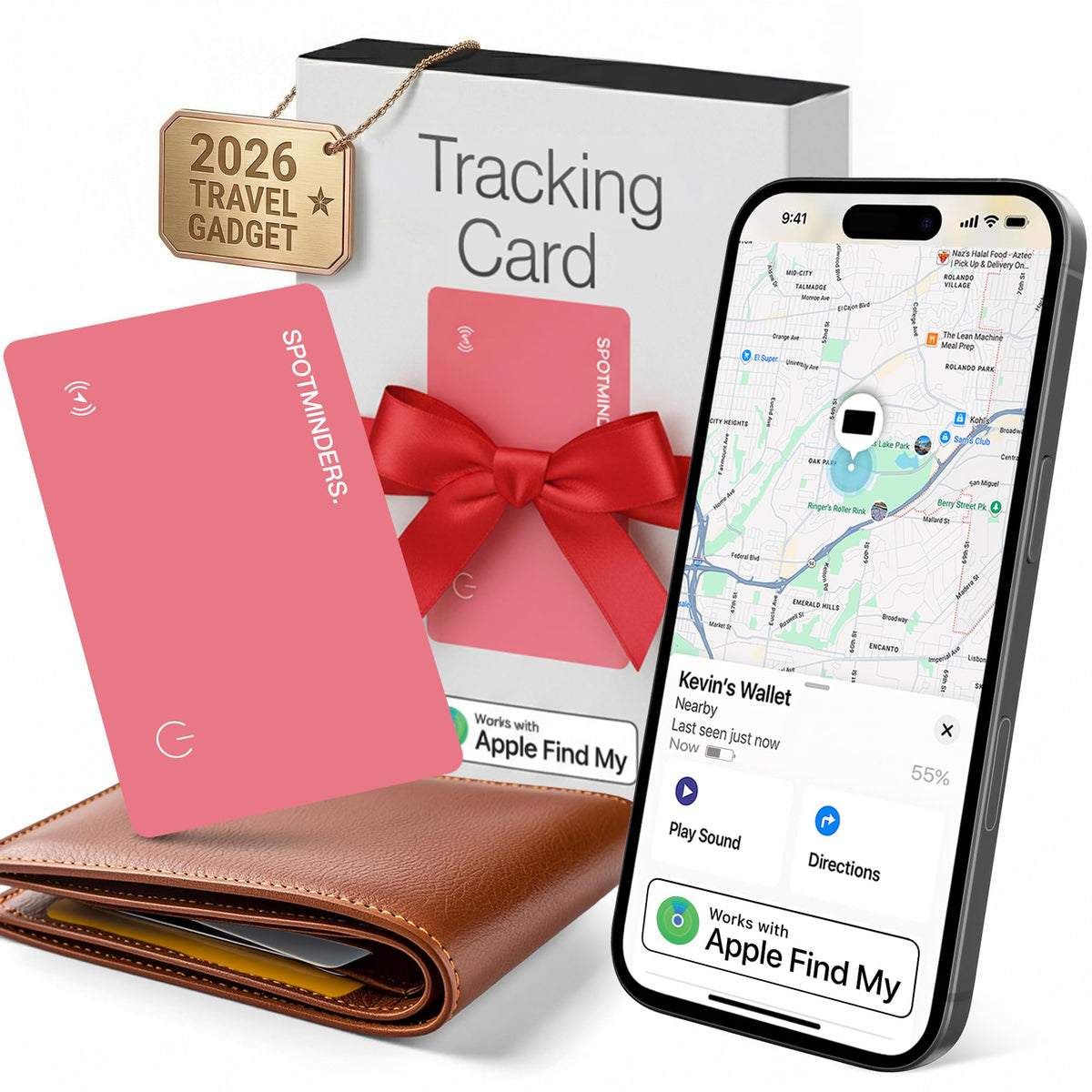 Spotminders front packaging showing pink tracker and box, clear product benefit
