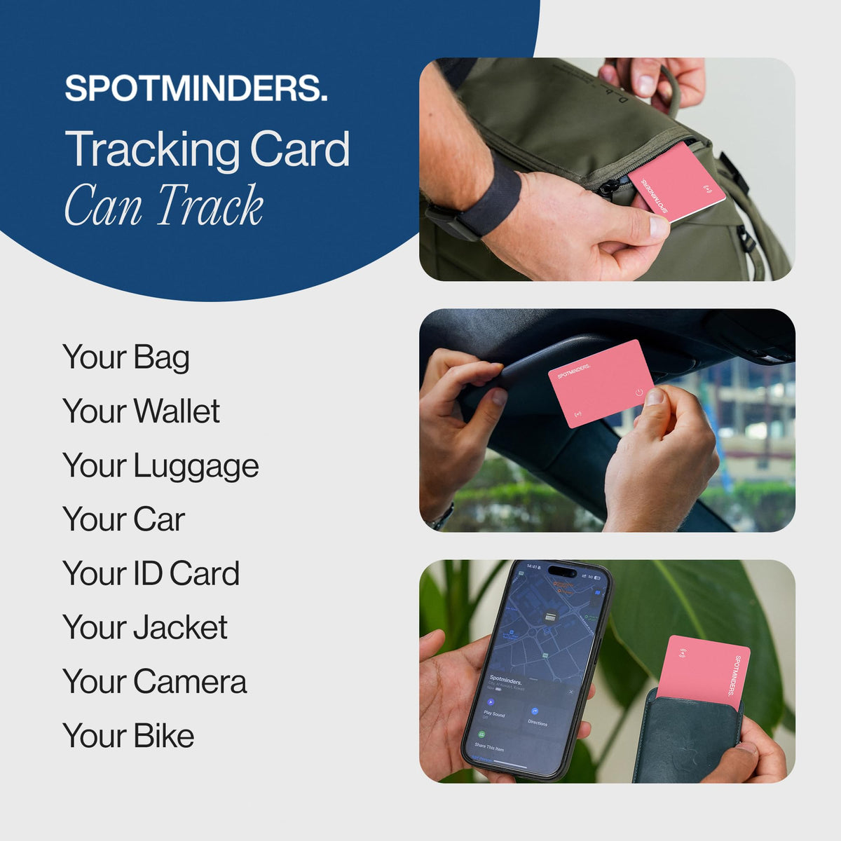 Spotminders in a travel purse near passport illustrating travel peace of mind
