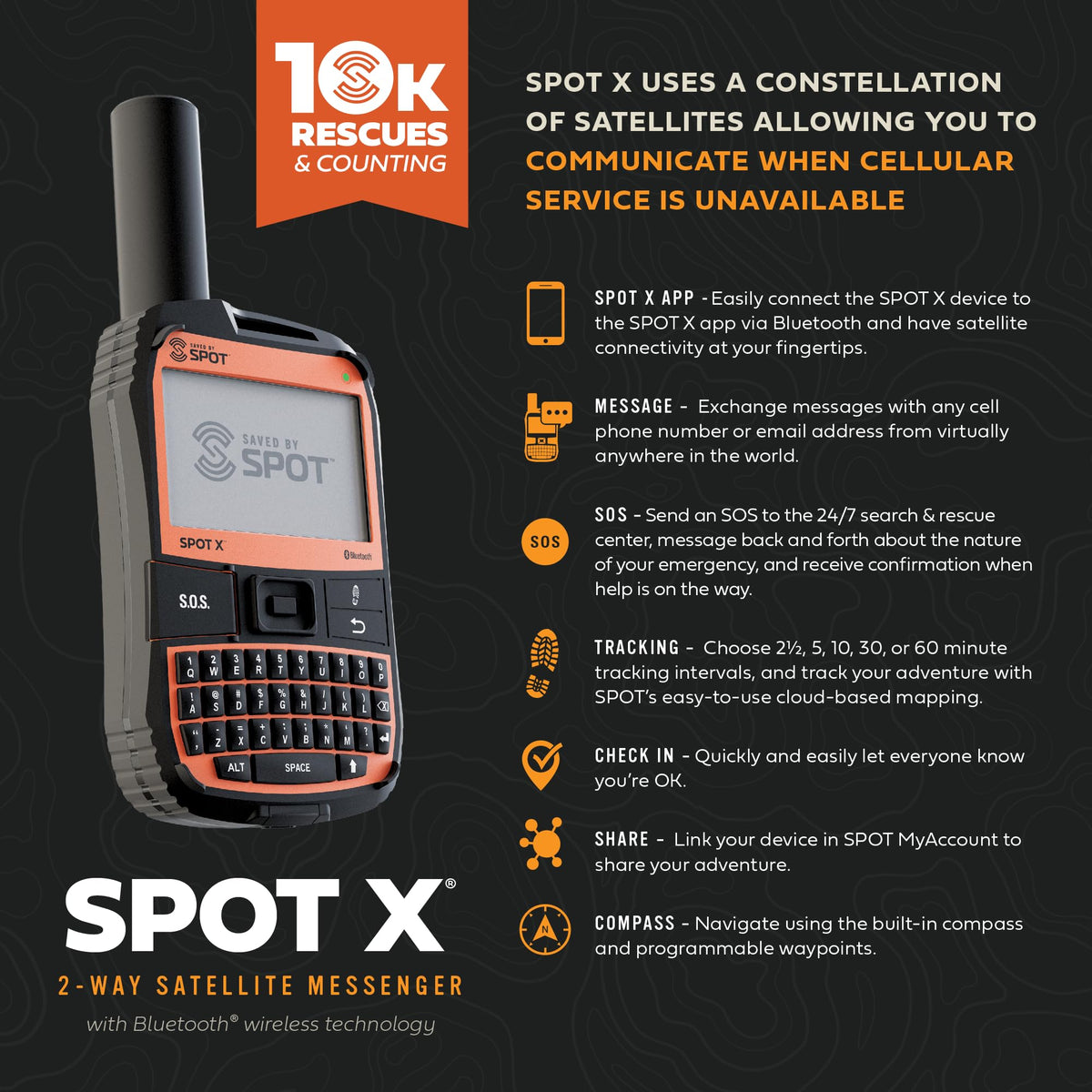 SpotX strap and carabiner ready for secure attachment during hikes and road trips.