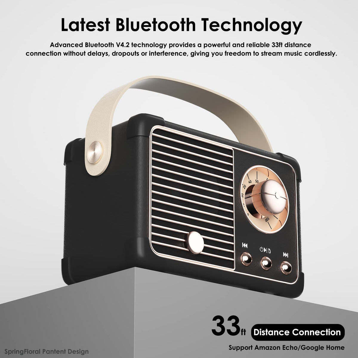 SpringFlora retro speaker back shows controls and TF card slot for versatile playback options.