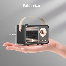 SpringFlora retro speaker side view highlights palm-size portability for travel and on-the-go listening.