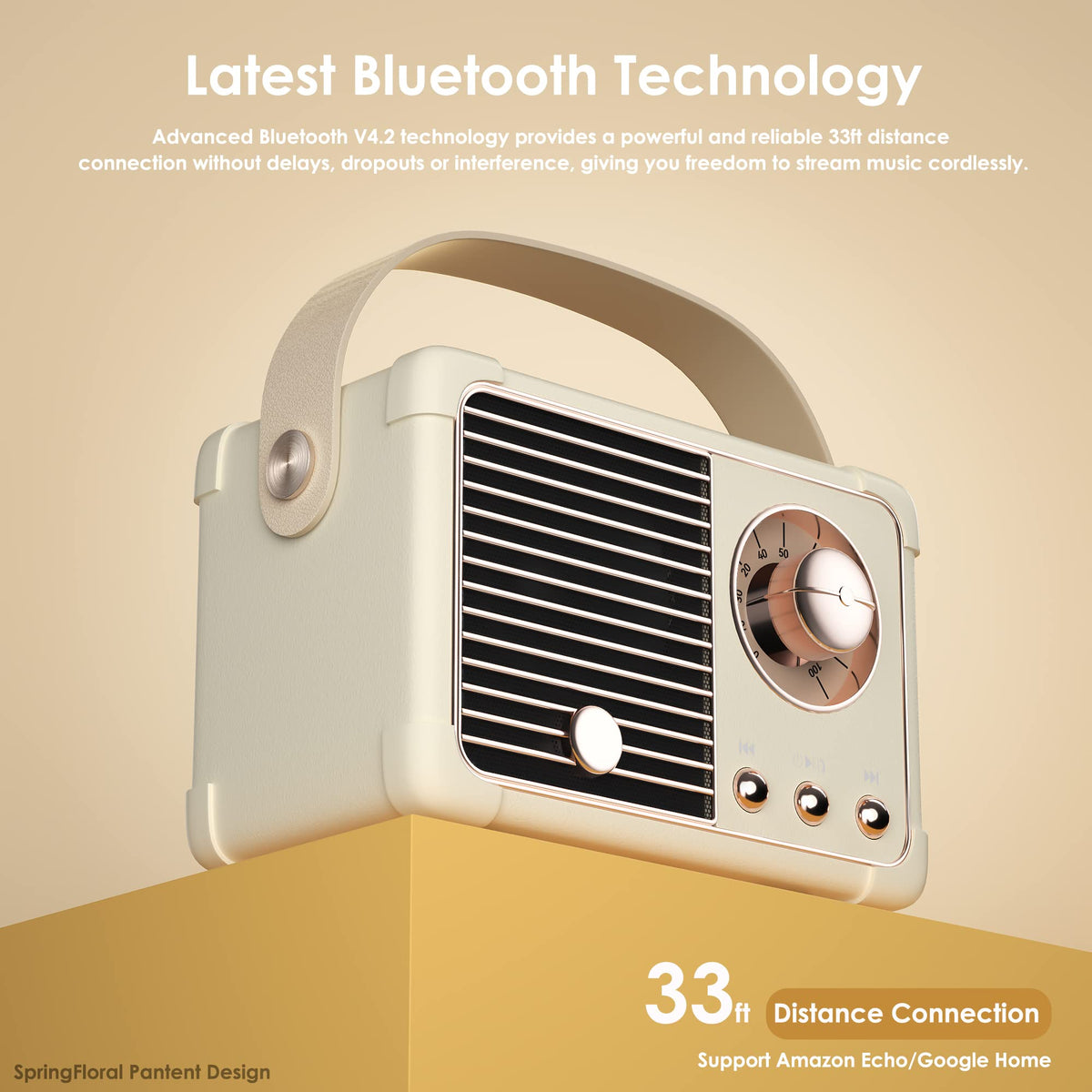 Front panel of the SpringFlora retro speaker highlighting the glossy finish.