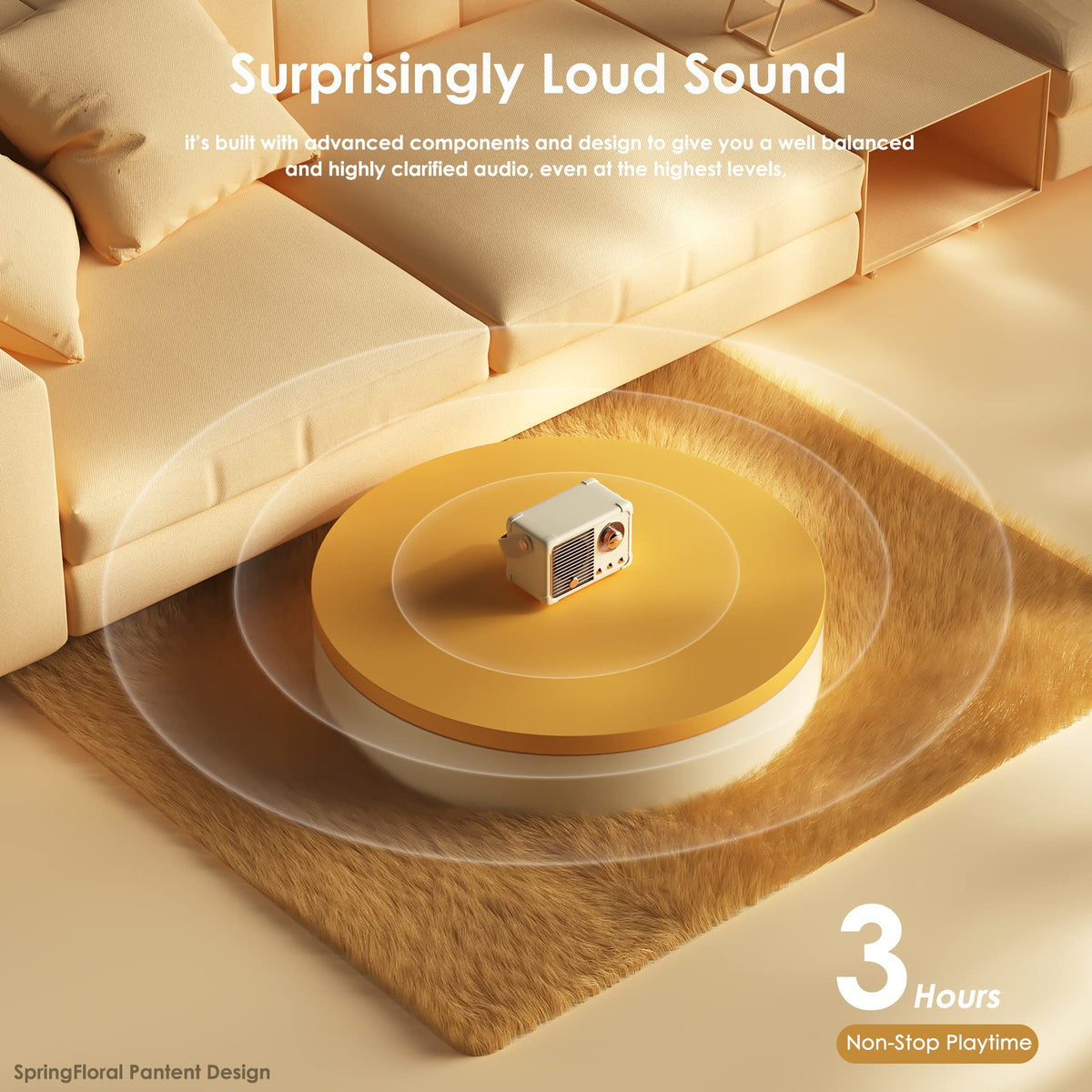 SpringFlora retro speaker placed on a desk for home or office use.