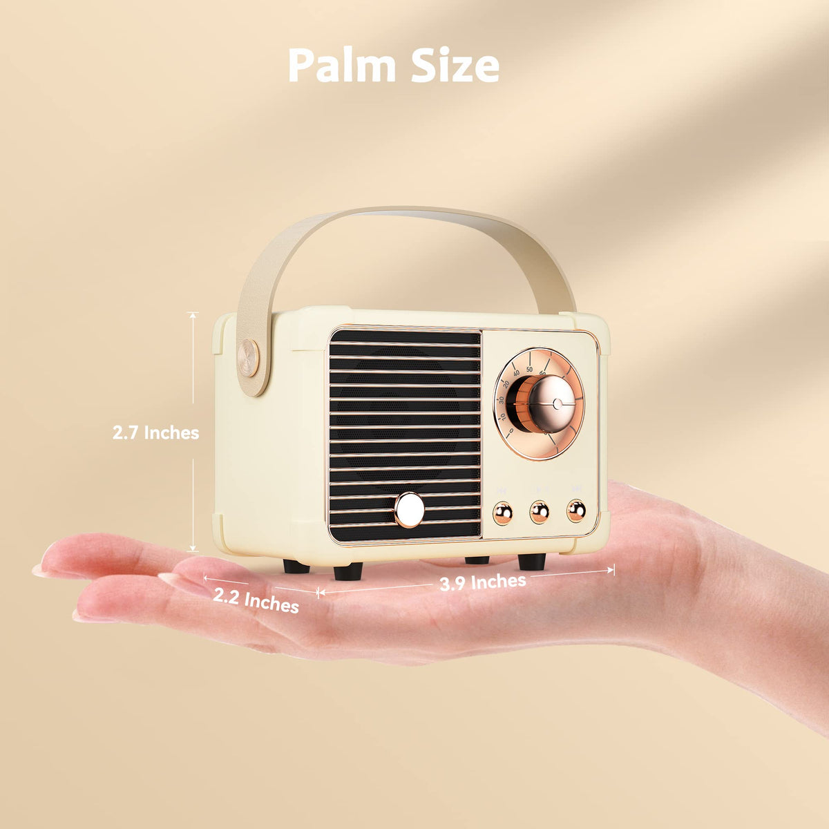 Side view of the SpringFlora retro speaker showing palm-size form factor.