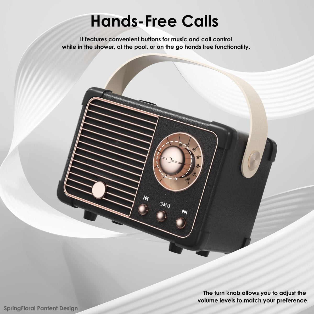 SpringFlora retro speaker with strap ready to attach to bags or hooks.