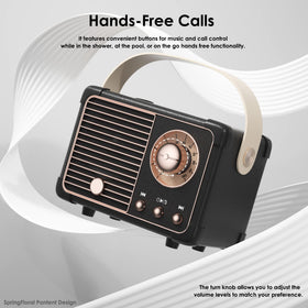 SpringFlora retro speaker with strap ready to attach to bags or hooks.