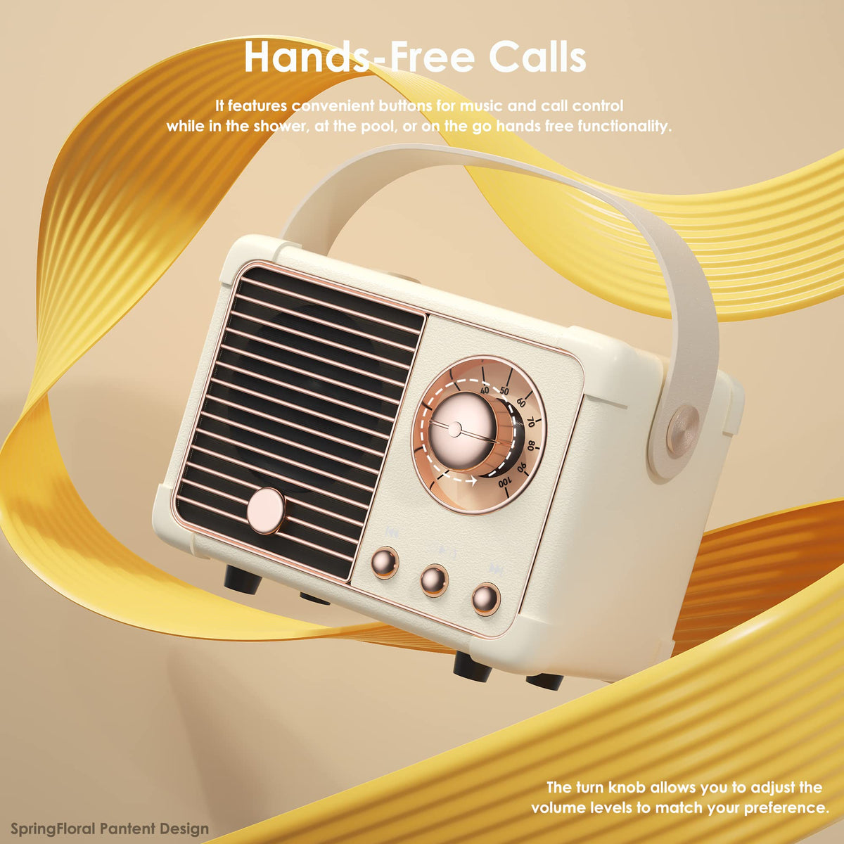 Speaker with strap ready for bag attachment or travel use.