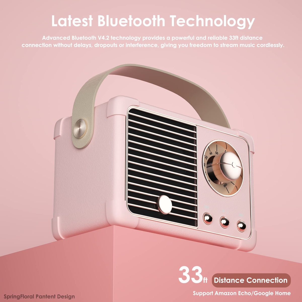 SpringFlora volume turn-knob offers tactile, easy sound adjustments.