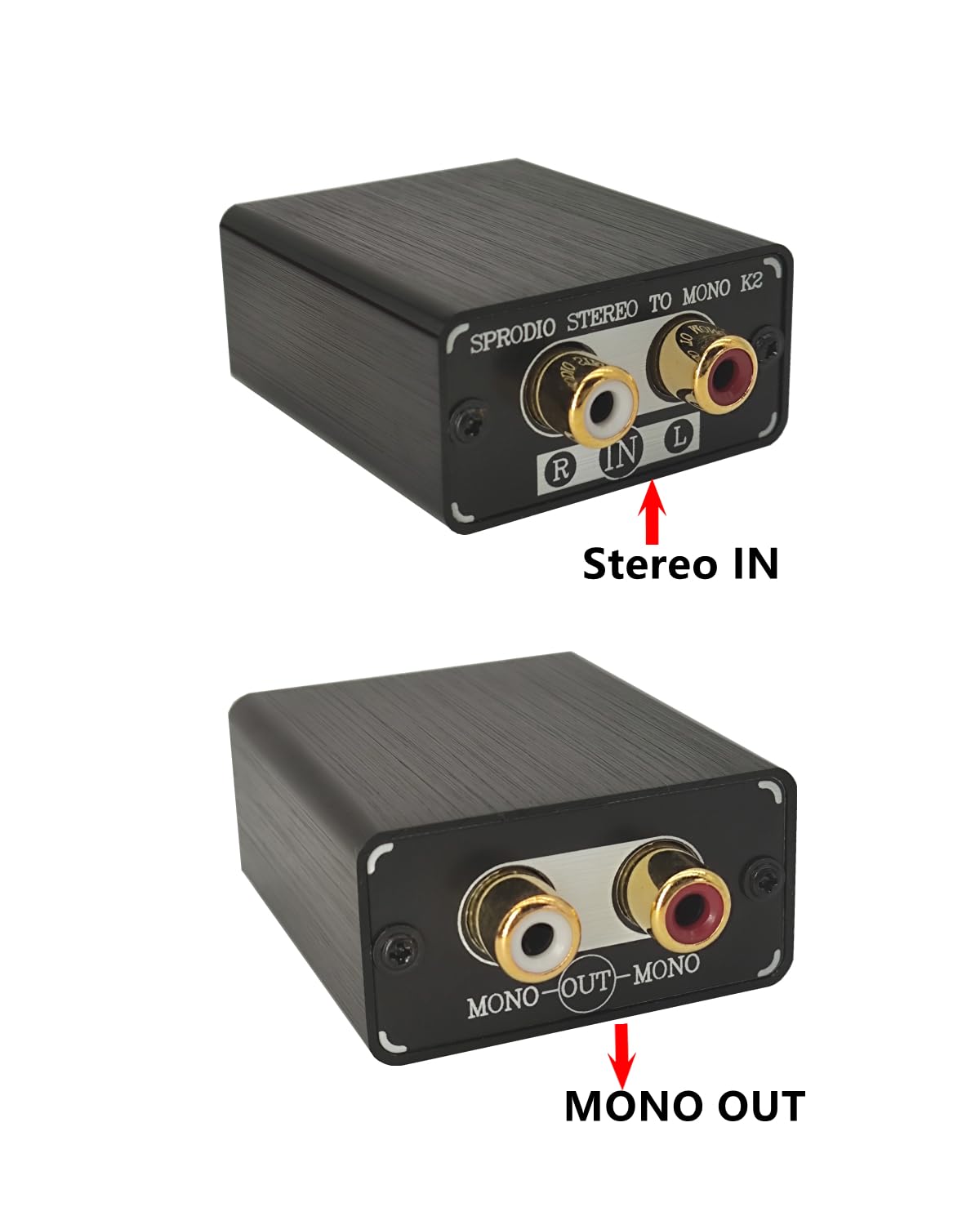 Sprodio rear connectors with RCA L/R inputs and two mono outputs for quick integration.
