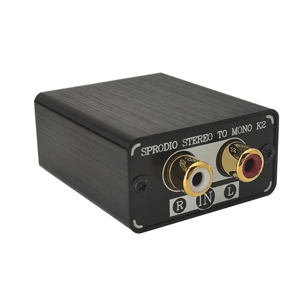 Sprodio stereo to dual mono converter front view, compact aluminum enclosure for easy setup.