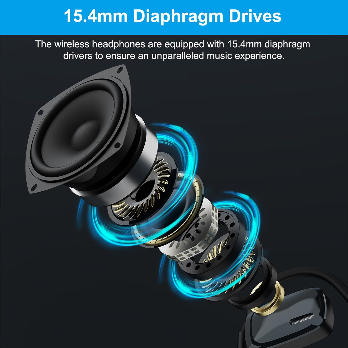 SproutingSound open-ear headphones gunmetal driver closeup, 15.4mm diaphragm delivering punchy bass and clear mids.