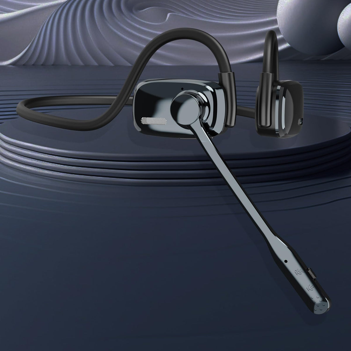 SproutingSound open-ear headphones gunmetal side view, easy access controls and stable Bluetooth connection.