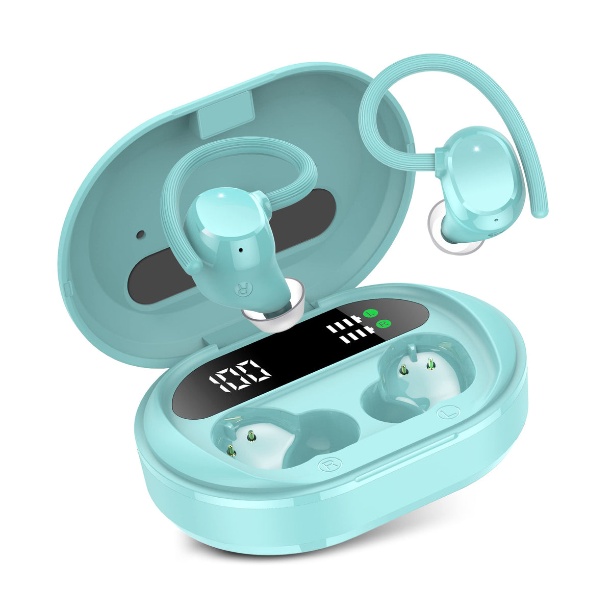 Sprtoybat Q35 earbuds front view, ultralight design ideal for workouts.