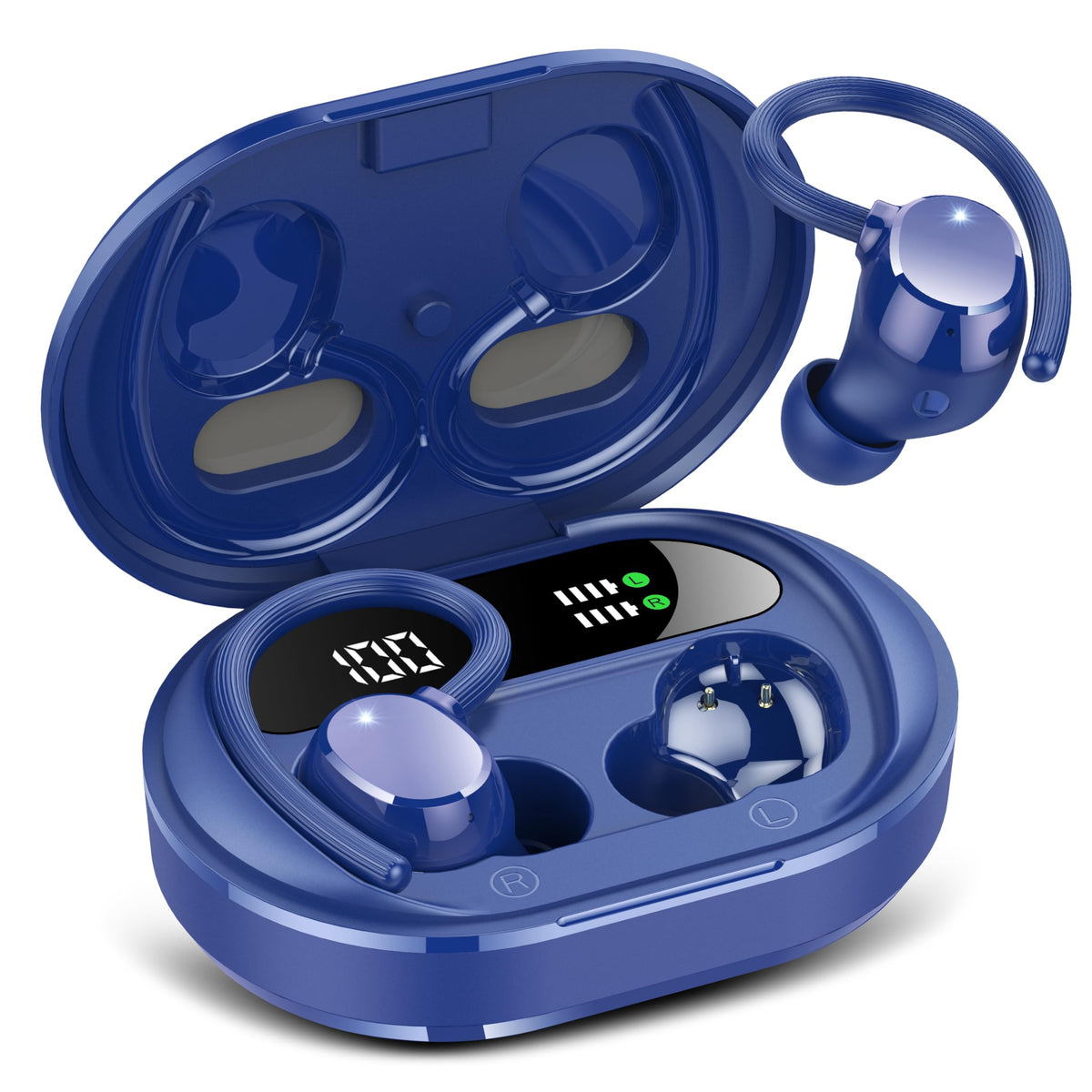 sprtoybat Q35 front view showing earbuds and charging case, highlights portability