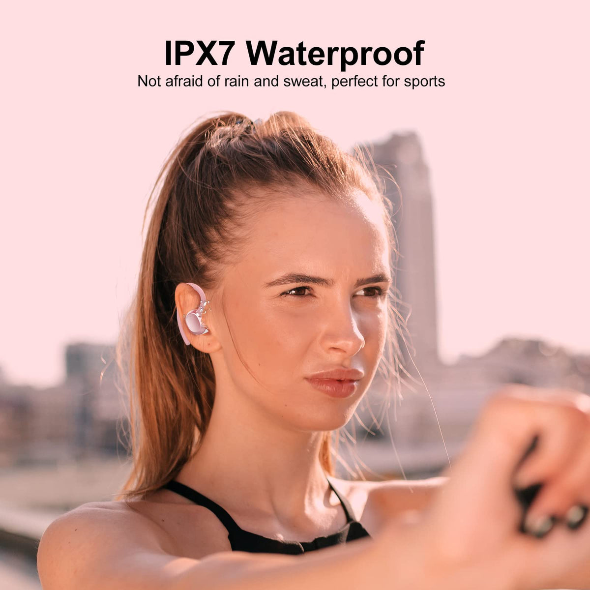 sprtoybat Q35 rose gold earbuds in outdoor scene showing sweat resistance benefit