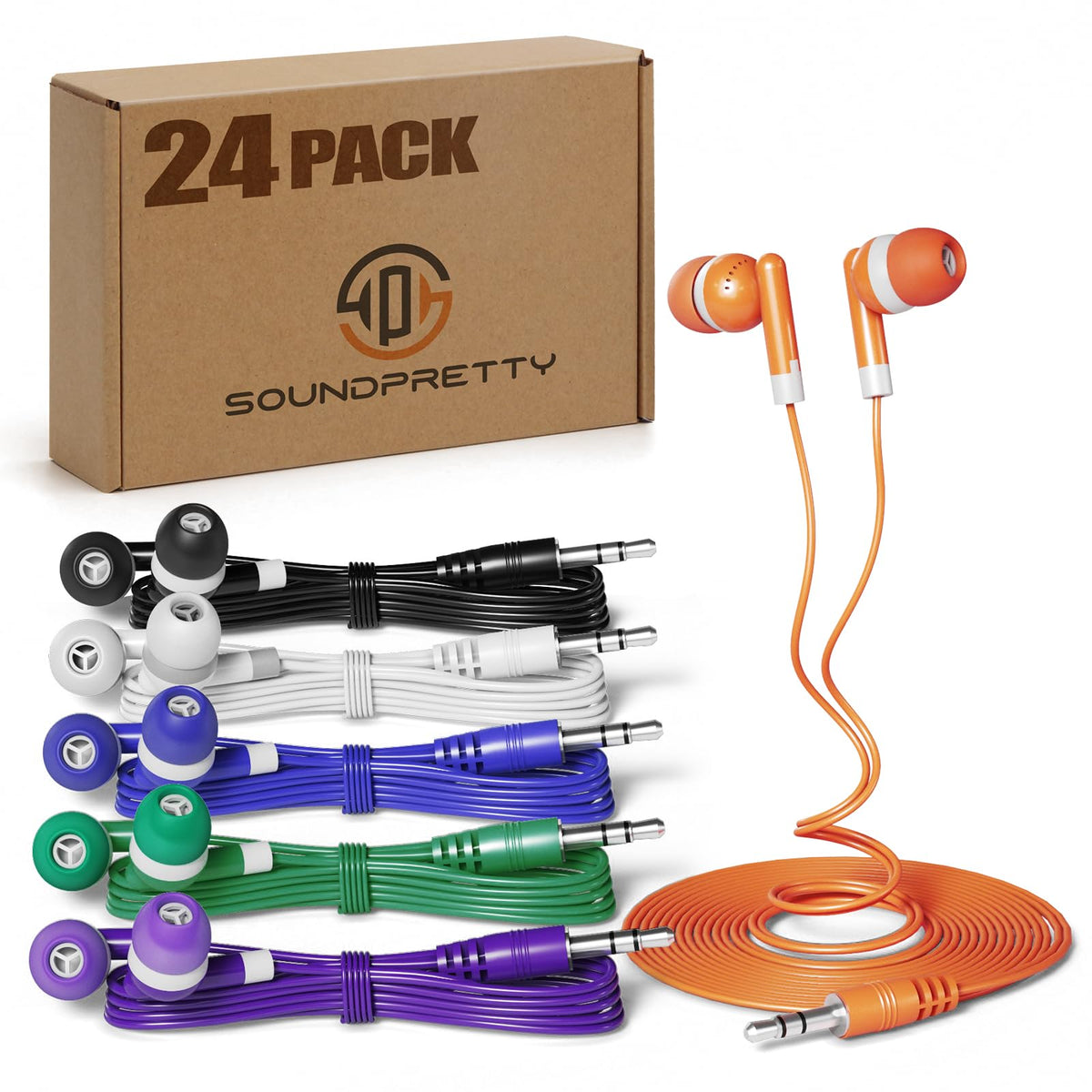SP SOUNDPRETTY bulk earbuds in a 24-pack with mixed colors for classrooms.