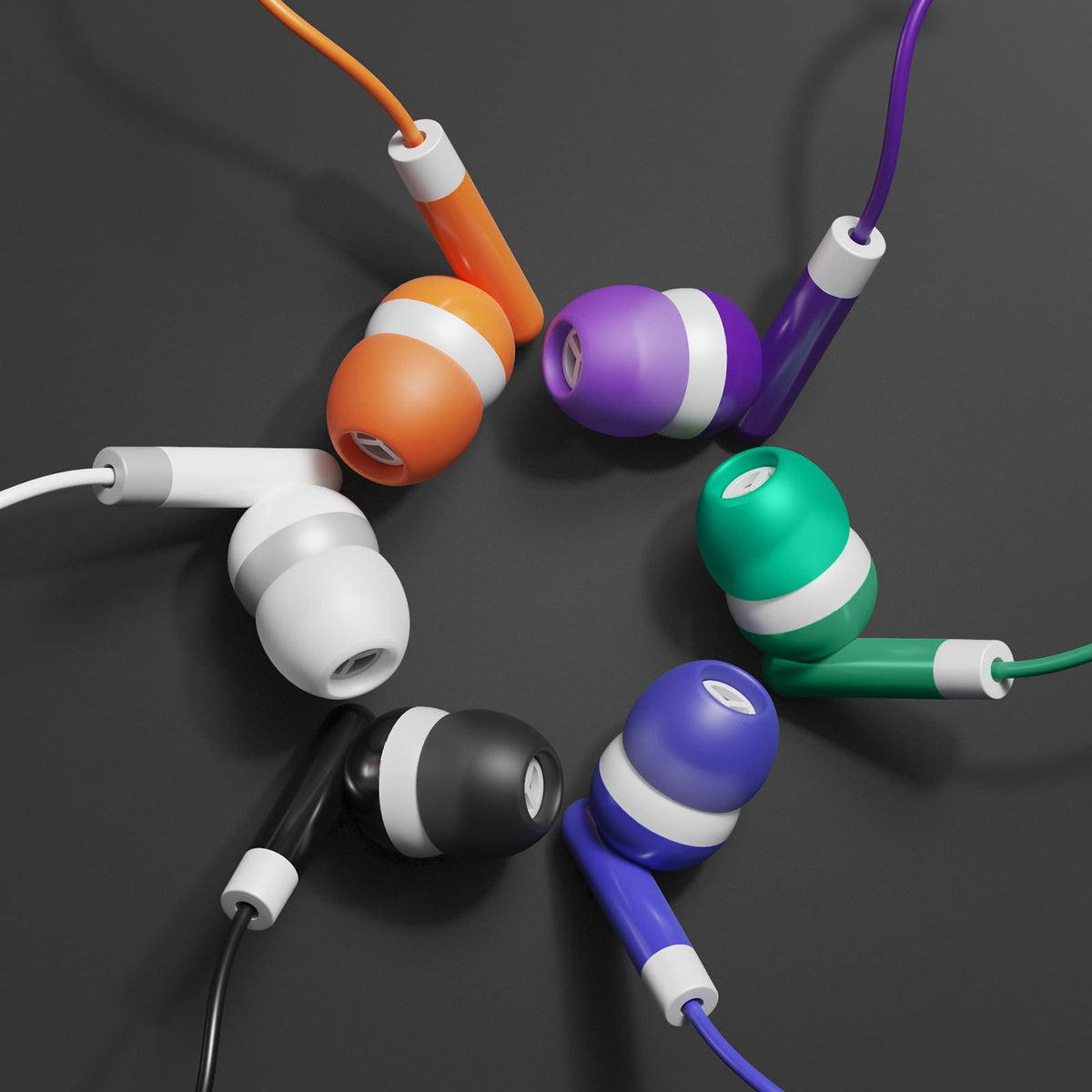 Colored SP SOUNDPRETTY earbuds in six colors for easy student grouping.