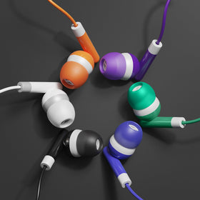 Colored SP SOUNDPRETTY earbuds in six colors for easy student grouping.