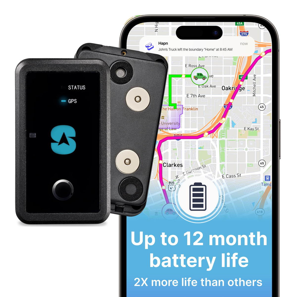 Spy Tec Atlas XL battery life illustration showing up to 12 months of tracking