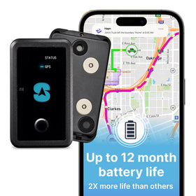Spy Tec Atlas XL battery life illustration showing up to 12 months of tracking