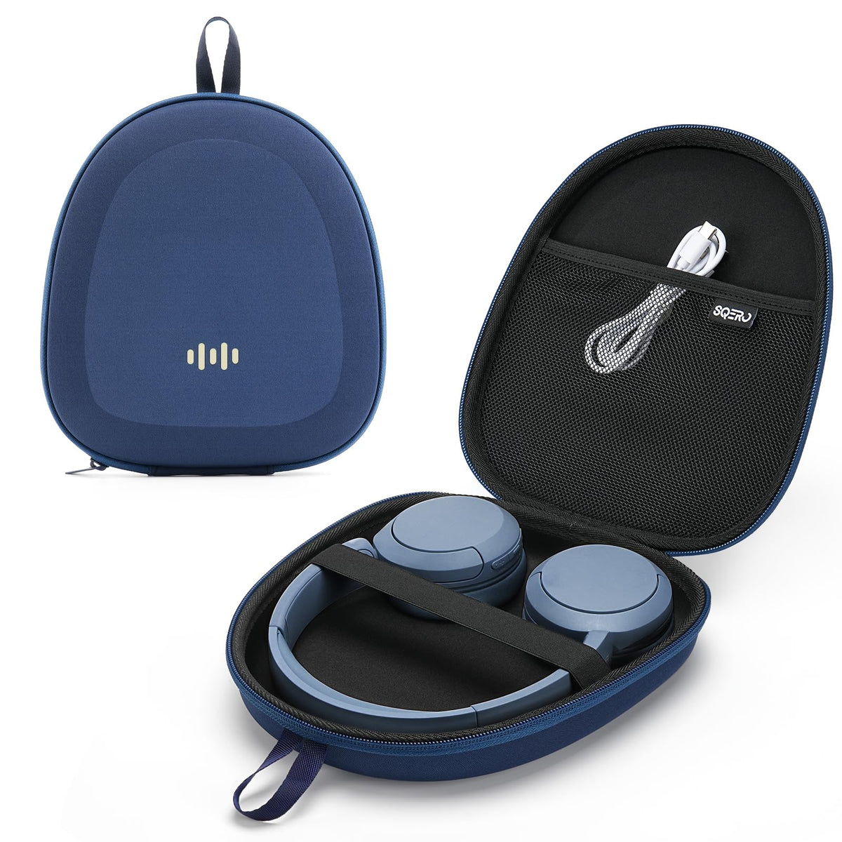 SQERO light blue hard-shell headphone case with top mesh pocket for cables, ideal for travel.