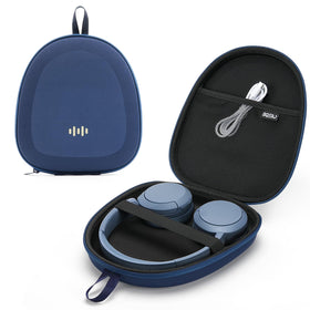 SQERO light blue hard-shell headphone case with top mesh pocket for cables, ideal for travel.