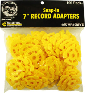 Square Deal yellow flat record adapter enabling easy 45 RPM playback on standard turntables