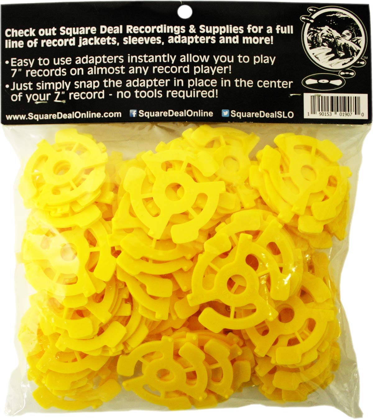 Square Deal yellow adapter close-up showing snap-in design for tool-free 7-inch centering