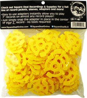 Square Deal yellow adapter close-up showing snap-in design for tool-free 7-inch centering