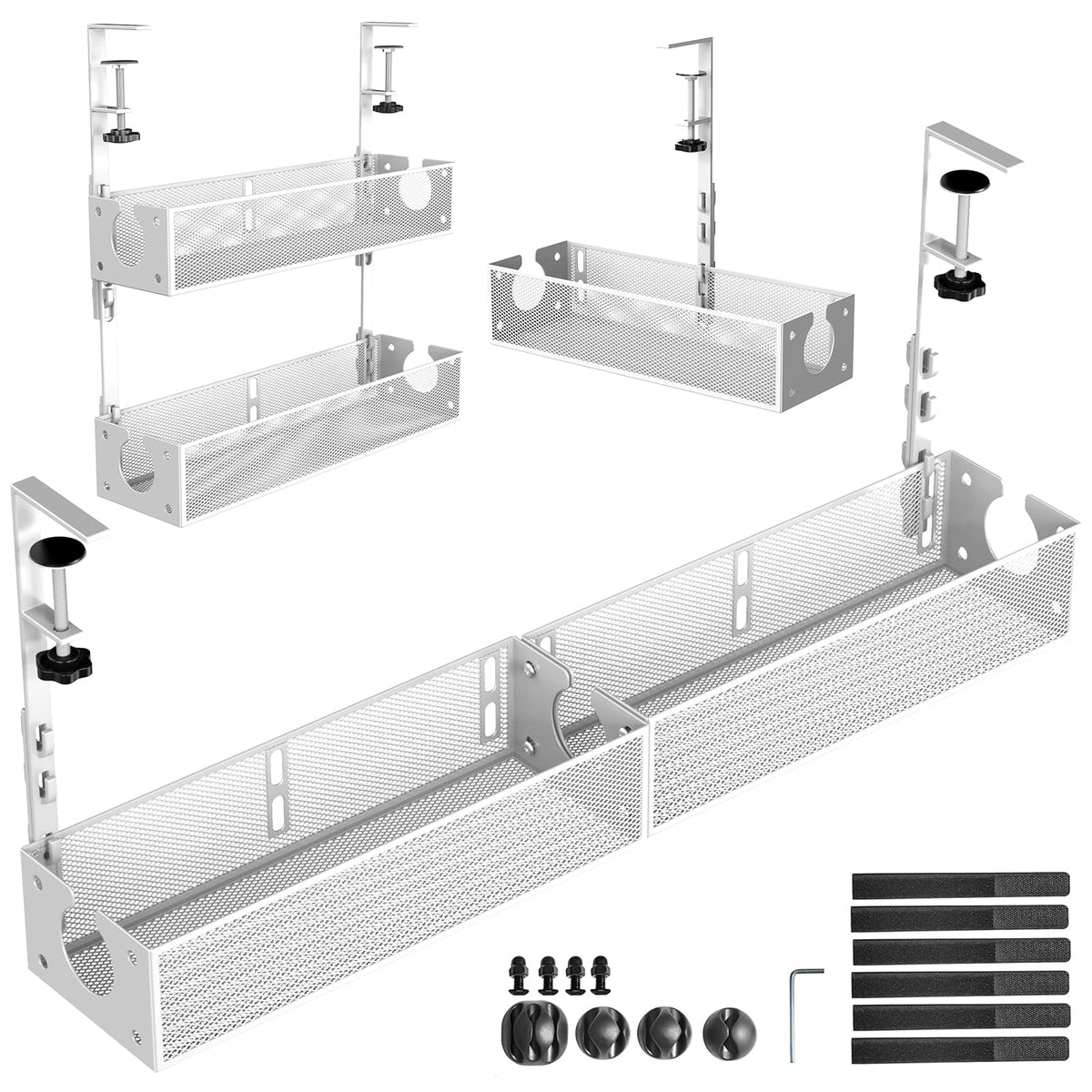 SRJZMLY under-desk cable tray assembly demonstrates modular, adjustable configuration for flexible spaces.
