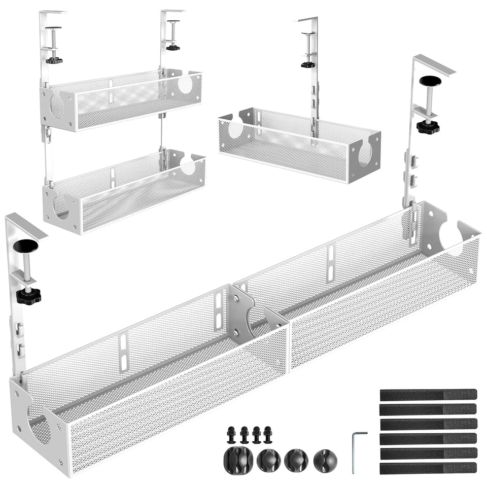 SRJZMLY under-desk cable tray assembly demonstrates modular, adjustable configuration for flexible spaces.