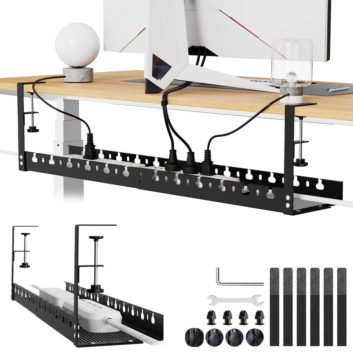 SRJZMLY under-desk cable tray extended 31 inches keeps cords organized and accessible.