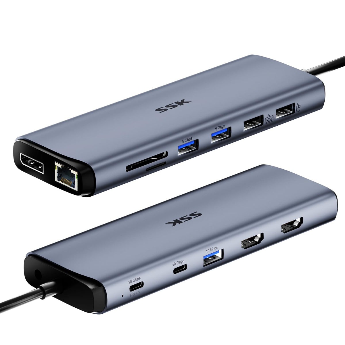 SSK 8K USB-C Dock front view showing the full port array for easy connectivity