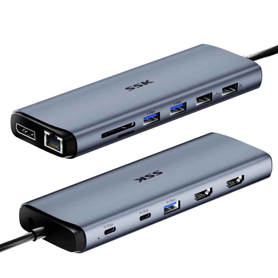 SSK 8K USB-C Dock front view showing the full port array for easy connectivity
