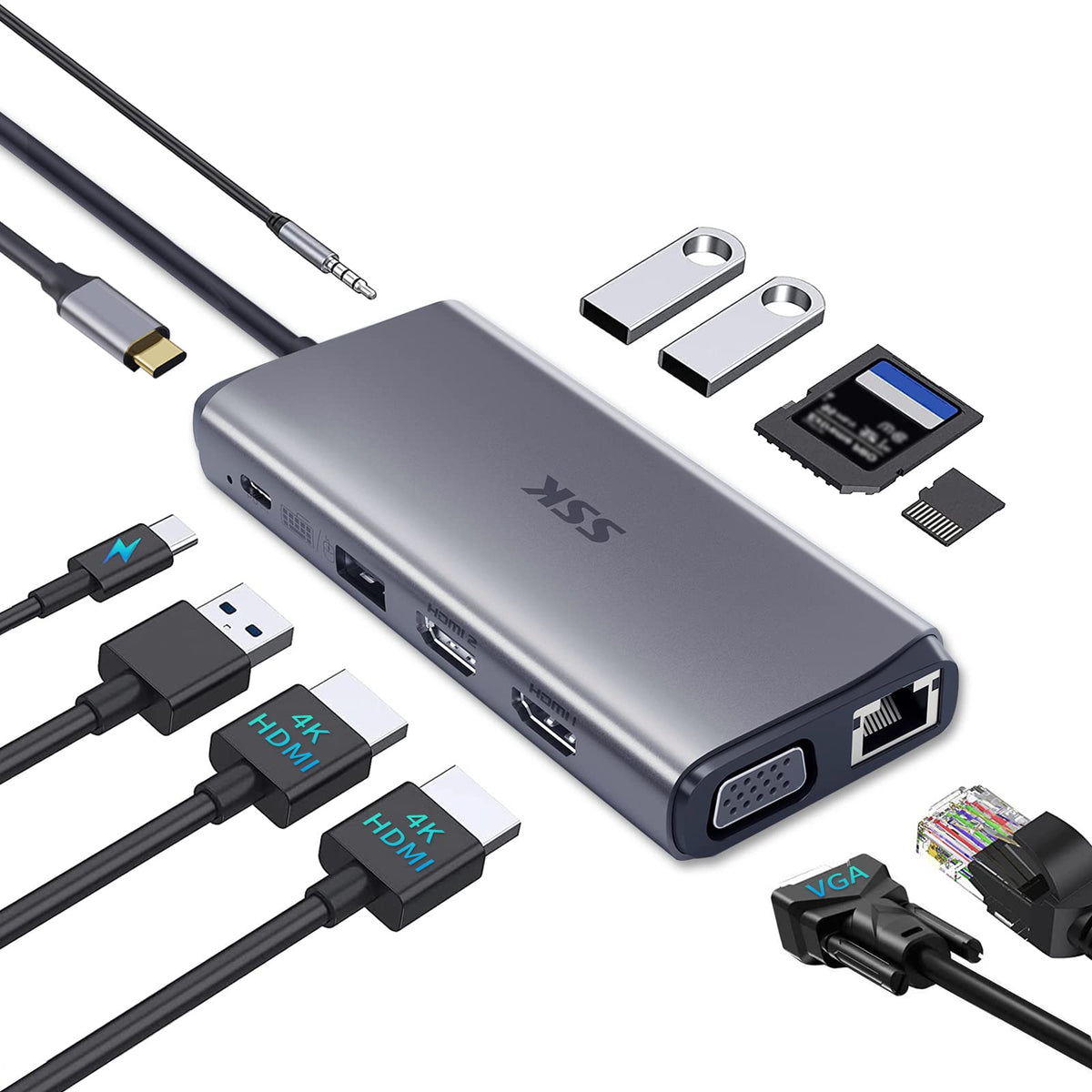 SSK front view of docking station showing all ports and layout for easy setup