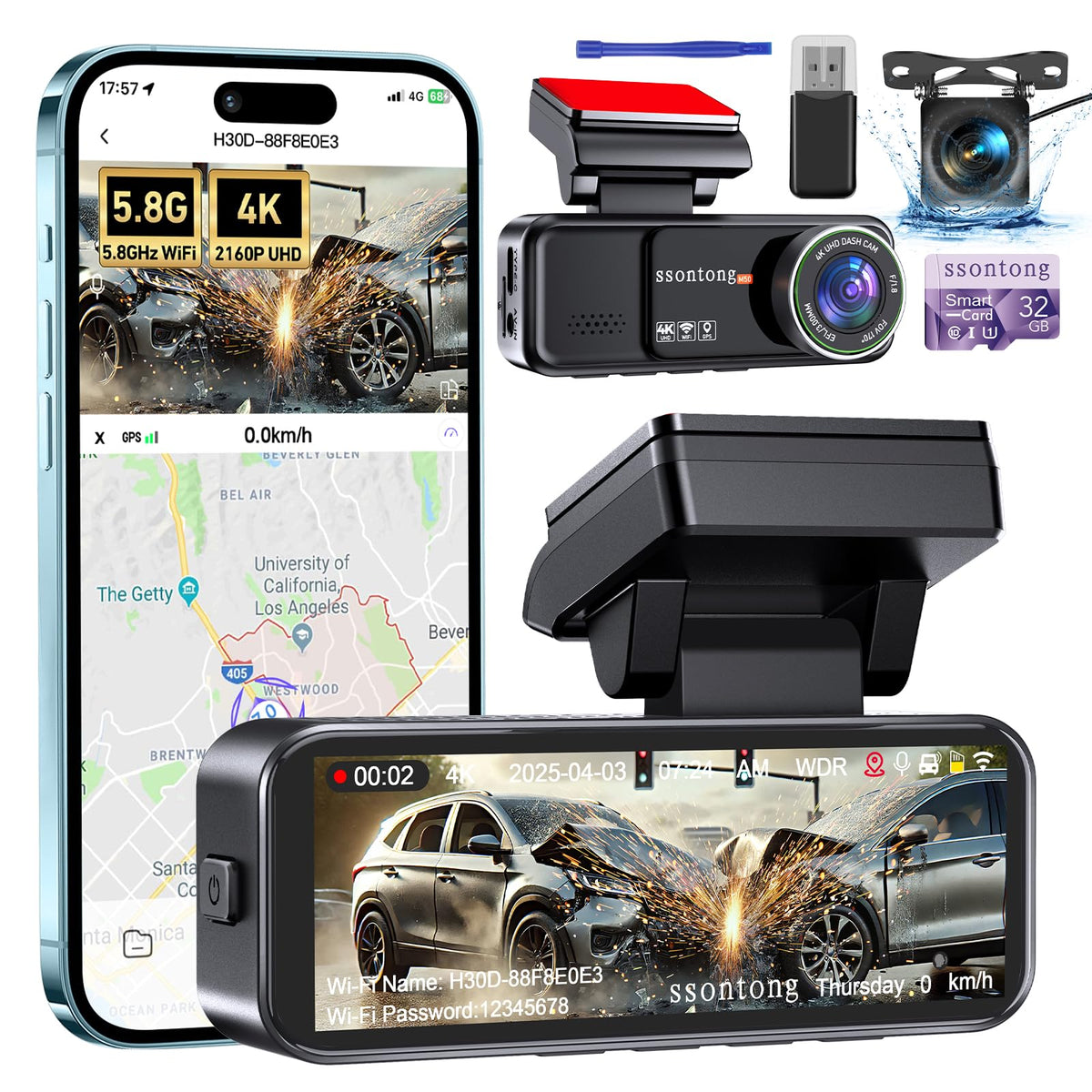 Ssontong car camera front 4K with WiFi captures crisp license plates and enables quick video sharing.