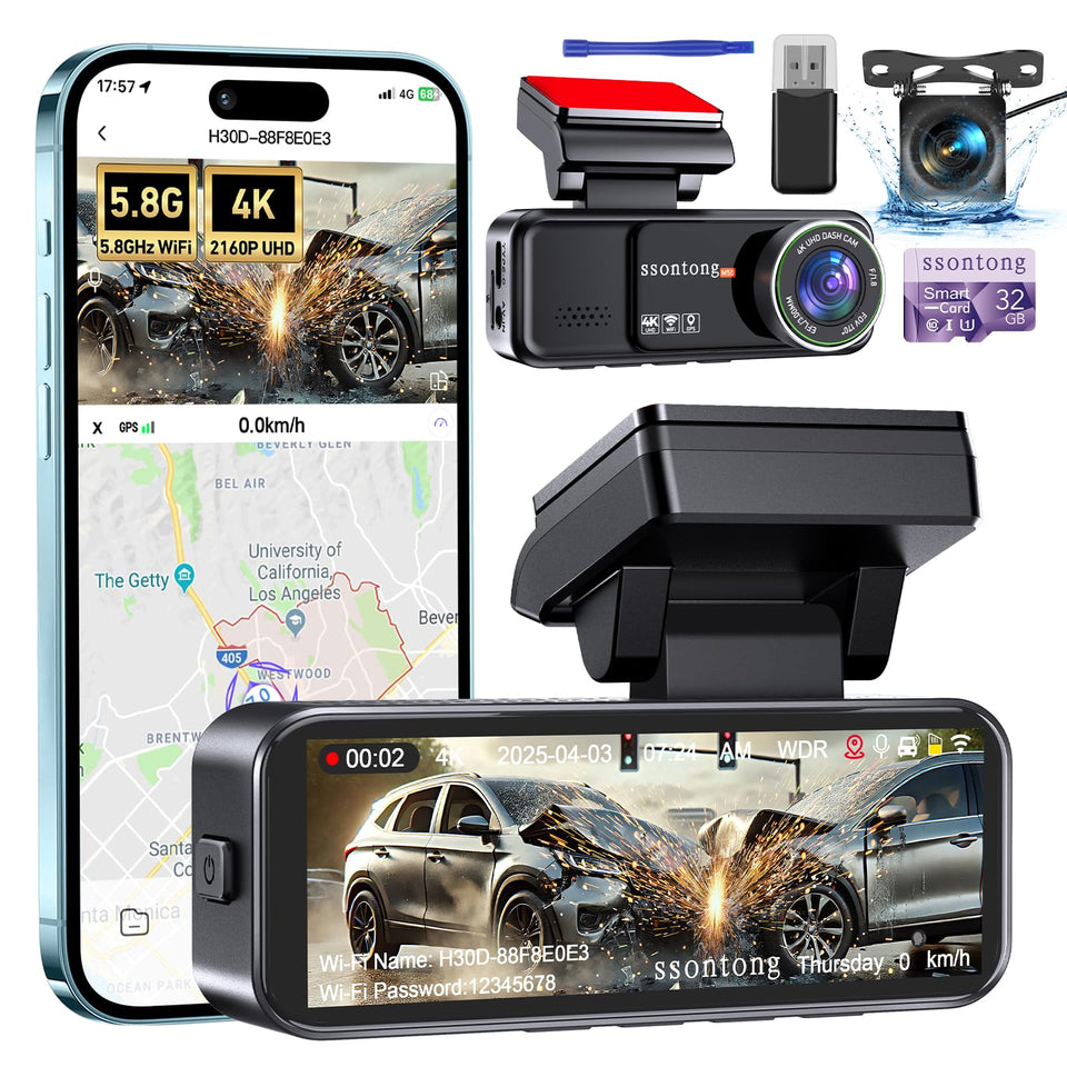 Ssontong car camera front 4K with WiFi captures crisp license plates and enables quick video sharing.