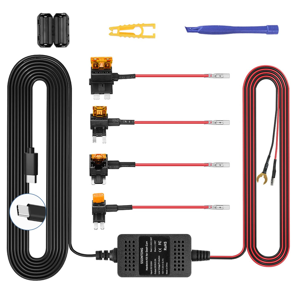 SSONTONG dashcam hardwire kit Type-C 13ft powers dash cam behind the dash