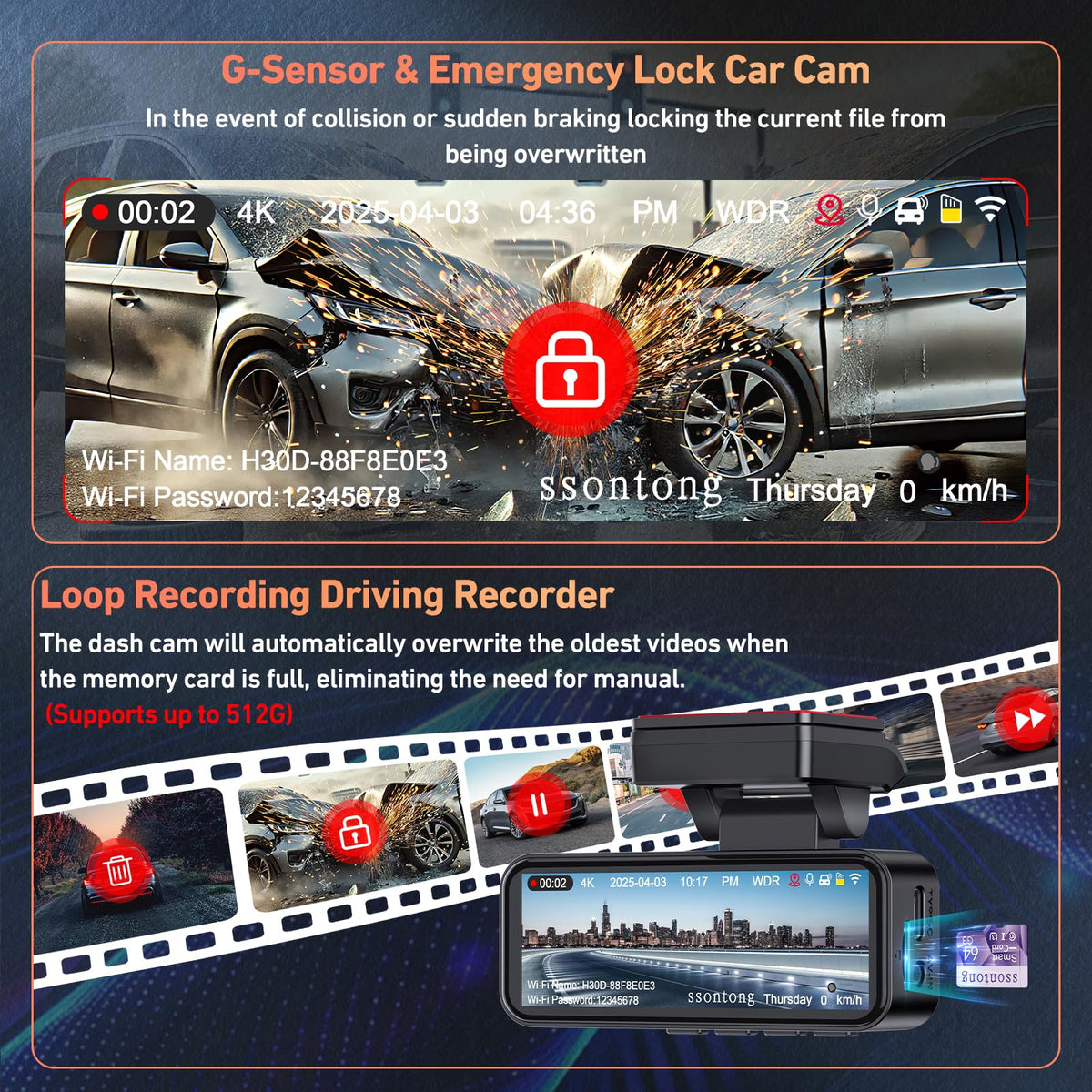 Ssontong dashcam supports loop recording to auto overwrite oldest clips.