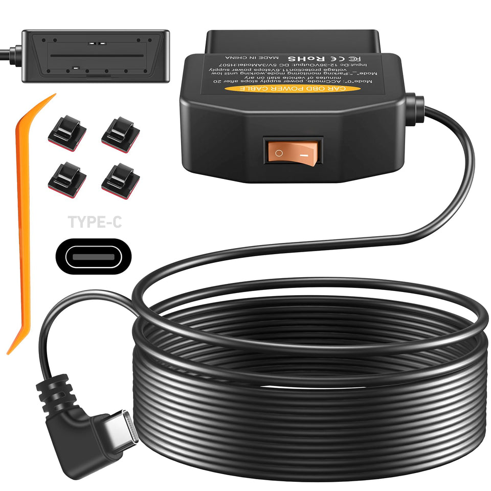 ssontong OBD2 dashcam power cable plugged into car OBD port for uninterrupted recording