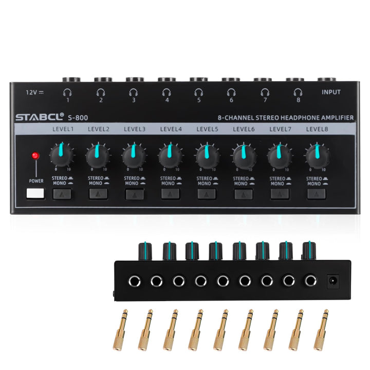 STABCL front panel showing eight jacks and independent volume controls, clear monitoring benefit