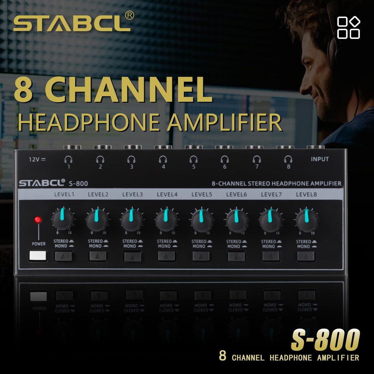 STABCL close-up of volume knob and headphone jacks, tactile control for precise levels