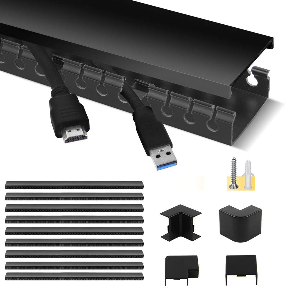Stageek Cable Raceway Kit open-slot design hides cluttered cords behind the TV.
