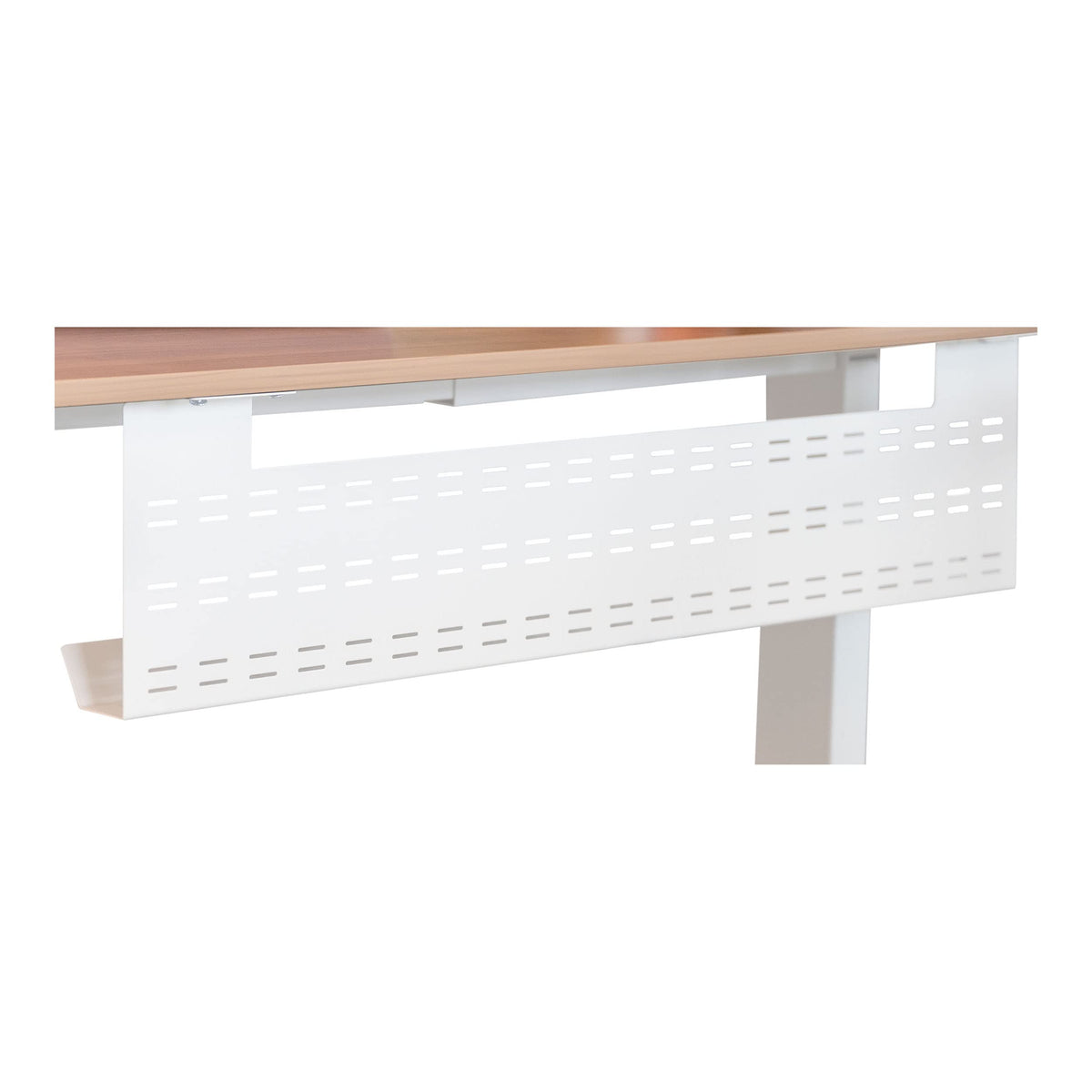 Stand Up Desk Store front view of white under-desk tray showing tidy cables and clean look